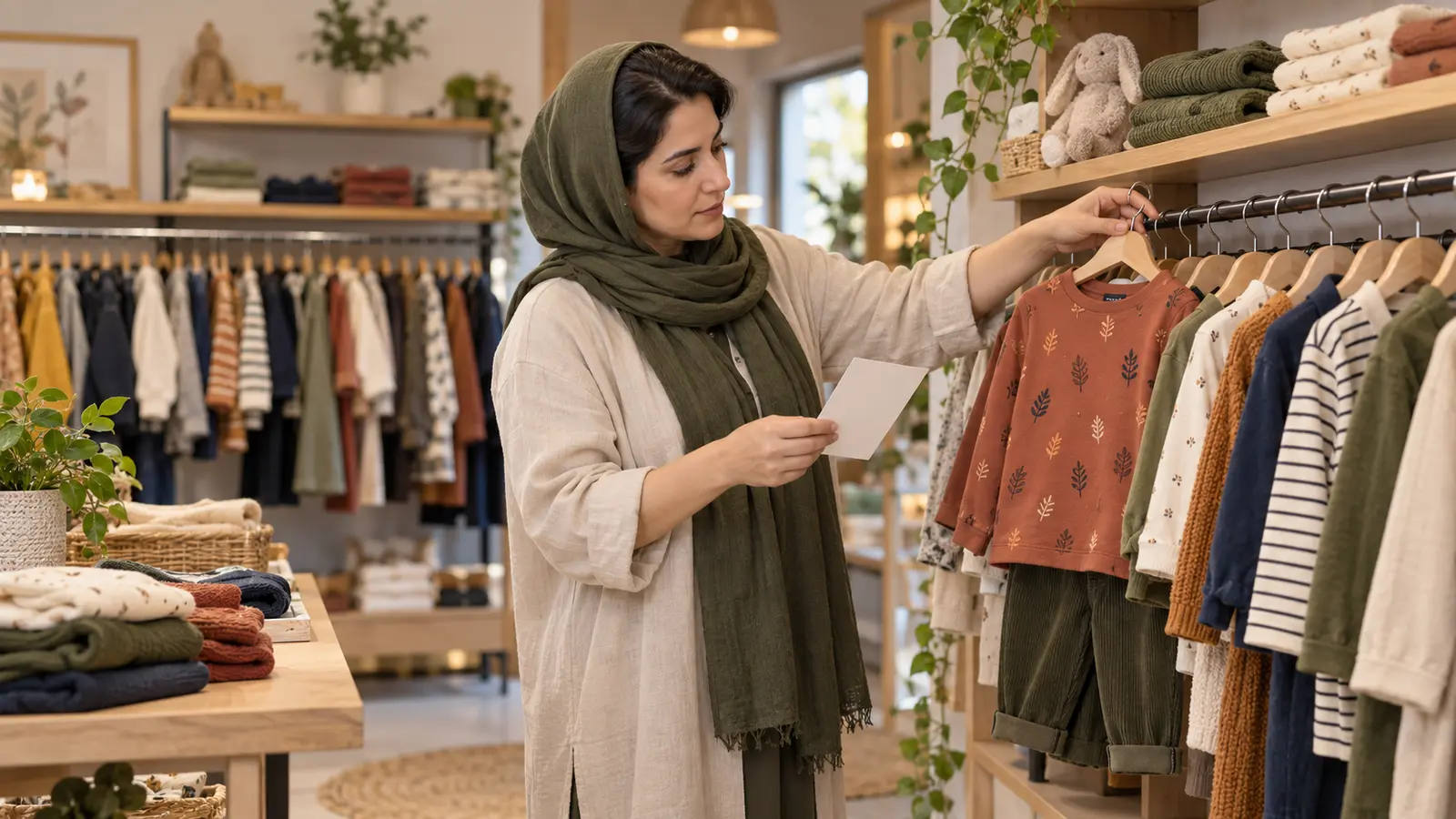 فروشنده پوشاک کودک در حال بررسی و جابه‌جایی مدل کم‌فروش روی رگال پاییزه